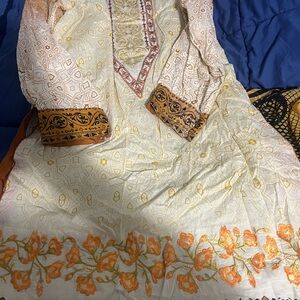 Embroidered Long Sleeve Floral Border Dress in Cream and Orange